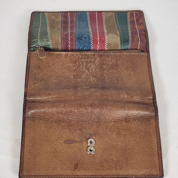 Vintage Fossil Genuine Leather Trifold Wallet Patchwork‎ Womens, 7"Lx 4.25"H - Picture 7 of 14